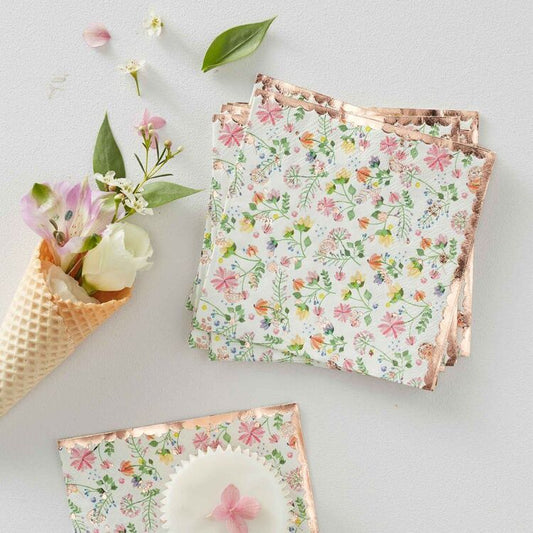 Ginger Ray Ditsy Floral Napkins, floral napkins, pink napkins, metallic rose gold napkins, 16 pack napkins, floral party napkins, birthday napkins, baby shower napkins, disposable napkins, floral tableware, party napkins, elegant napkins
