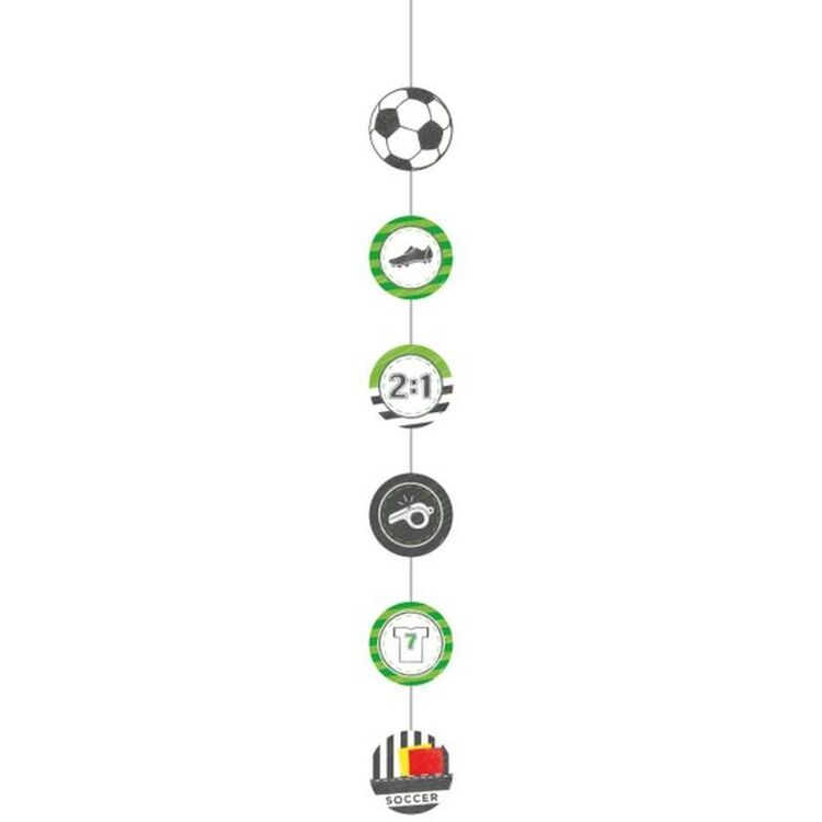 soccer hanging decorations, soccer party decor, multicoloured string decorations, soccer themed party, hanging string decor, Amscan party decorations, soccer birthday decorations, ceiling decorations