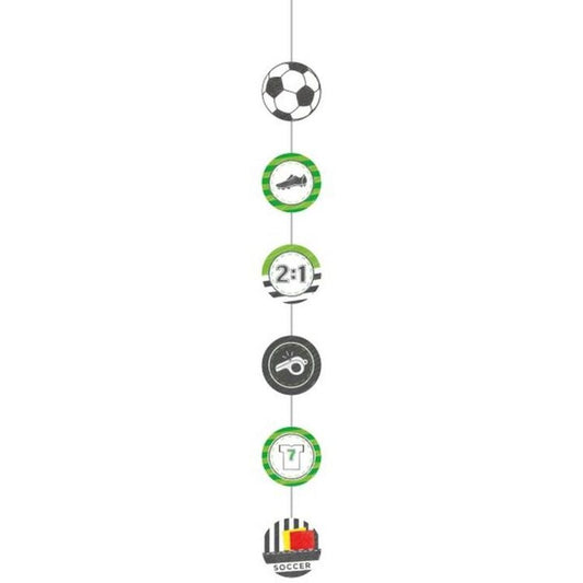 soccer hanging decorations, soccer party decor, multicoloured string decorations, soccer themed party, hanging string decor, Amscan party decorations, soccer birthday decorations, ceiling decorations