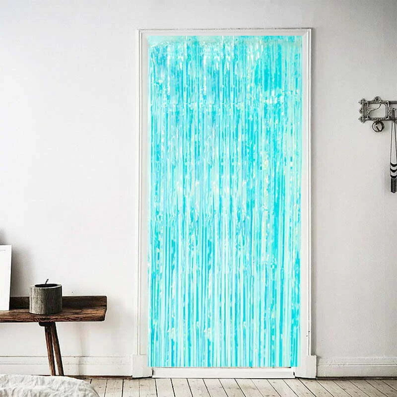 iridescent blue curtain, party curtain, event backdrop, shimmering decoration, photo booth backdrop, blue party décor