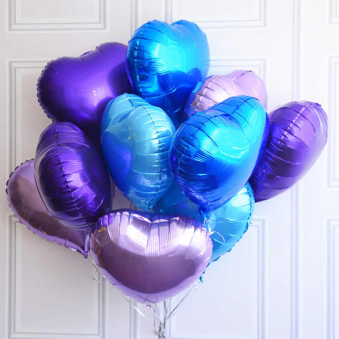 18 inches Purple and Blue Hearts Foil Balloons - Set of 10