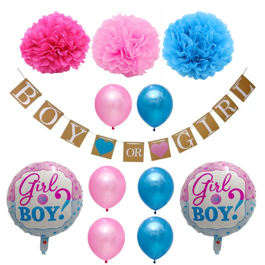 gender reveal decorations, gender reveal party supplies, pink and blue balloons, boy or girl banner, gender reveal baby shower, helium quality balloons, foil balloons set, latex balloons, baby shower decorations, paper pom poms, boy or girl party set, gender reveal balloon set, gender reveal banner, baby shower balloon decorations, elegant gender reveal décor