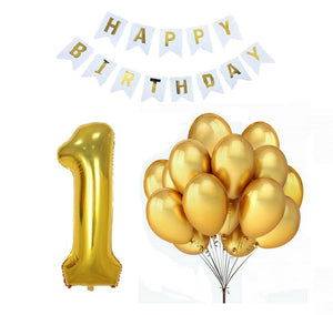 Happy Birthday Banner With Number  1 And Gold Latex Metallic Balloons