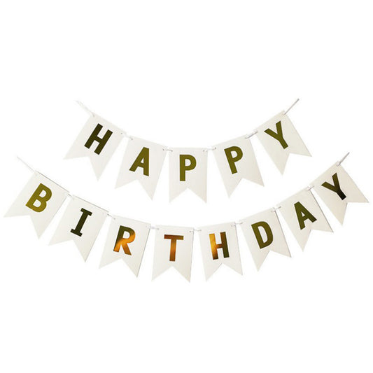 White Happy Birthday Banner with Gold Letters-Birthday Banner-Decoren