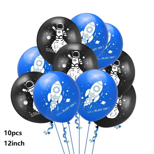 outer space latex balloons, astronaut party balloons, space-themed birthday decorations, black and blue latex balloons, rocket print balloons, helium balloons, air-filled balloons, galaxy party balloons, astronaut and rocket balloons, kids space birthday decor, DIY space party supplies, astronaut-themed decorations, space adventure balloons, balloon bouquet decorations, reusable latex balloons, helium-compatible balloons, outer space party supplies Australia, space birthday balloons Brisbane, party decorati