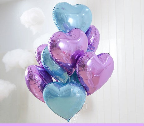 heart-shaped foil balloons, light blue heart balloons, purple heart balloons, 18 inch foil balloons, helium-compatible heart balloons, wedding decoration balloons, baby shower balloons, gender reveal balloons, anniversary party balloons, milestone celebration balloons, self-sealing foil balloons, party balloons, metallic heart balloons, floating heart balloons, foil balloons with ribbon, high-quality foil balloons.