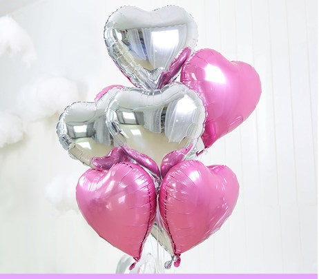 18 inches Pink and Silver Heart Foil Balloons - Set of 10-Balloons-Decoren