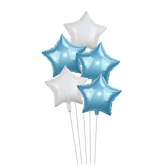 star foil balloons, pastel blue balloons, white star balloons, birthday party balloons, baby shower balloons, foil balloon set, helium balloons, air-fill balloons