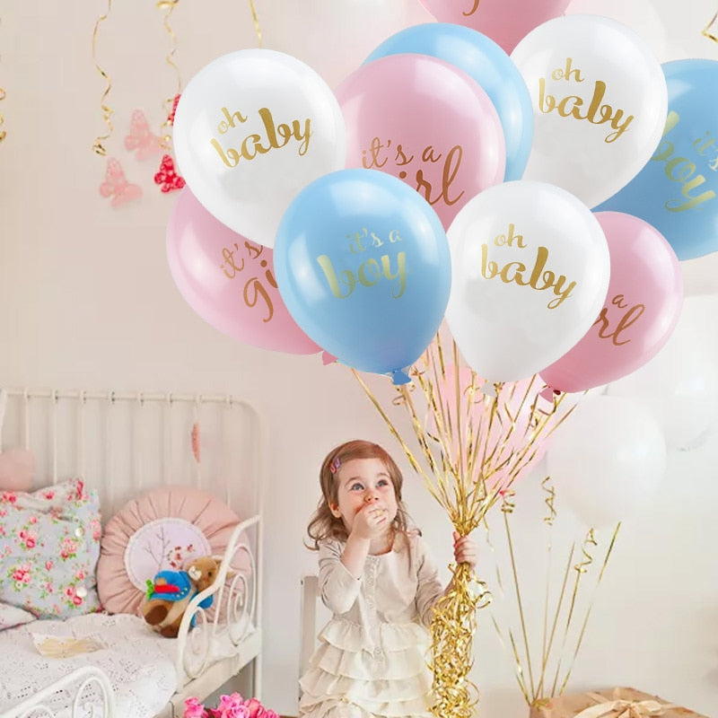 pink baby shower balloons, it's a girl balloons, oh baby balloons, pink  and white balloon bouquet, baby girl party decorations, baby shower balloon set, helium balloons for baby shower, blue foil star balloons, blue foil heart balloons, printed latex balloons, baby shower decor, pink and white party balloons, newborn celebration balloons, baby shower balloon arrangement, pink confetti balloons