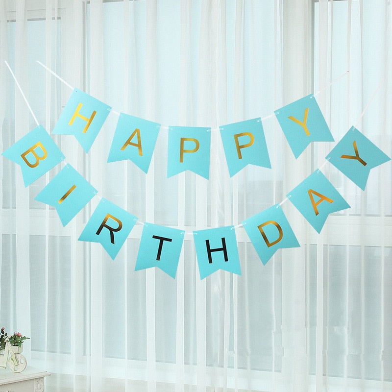 Blue Happy Birthday Banner with Gold Letters-Birthday Banner-Decoren