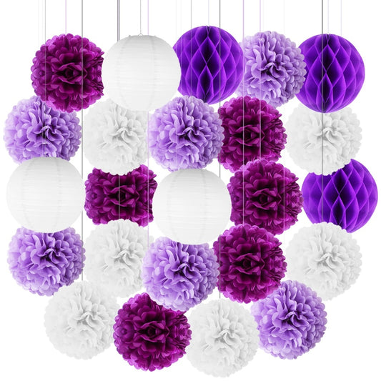 purple white paper pom-poms, purple white lanterns, paper lantern set, party decorations, wedding decorations, baby shower decor, birthday party decor, gender reveal party, anniversary decorations, engagement party decor, elegant party decorations, eco-friendly decor, hanging paper decorations, pom-pom and lantern set, white party decor, Brisbane party supplies, Gold Coast event decor, Australia party decorations, QLD event styling, DIY party decorations, easy to assemble decor