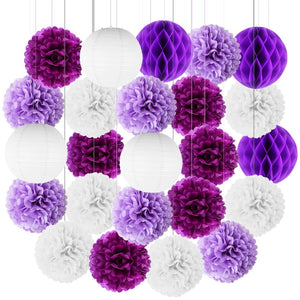10 inches Pompoms and Lanterns Sets - Purple and White
