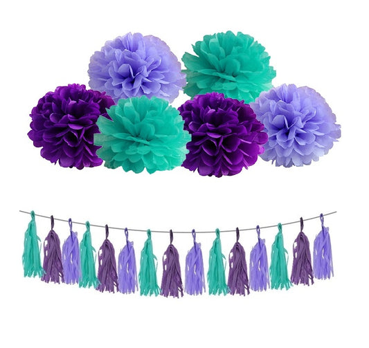 mermaid party decorations, mermaid theme party decor, paper pompoms, tassel garland, mermaid tassel garland, purple teal decorations, birthday party decor, hanging party decorations, DIY party decor, pompom and tassel set, backdrop decorations, ceiling decorations, table garland, tissue paper pompoms, party banner, Brisbane party supplies, Gold Coast party decorations, Australia party decor, QLD event supplies, party decorations Brisbane, party decor Gold Coast, themed party supplies Australia, birthday dec