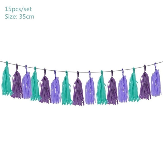 mermaid party decorations, mermaid theme party decor, paper pompoms, tassel garland, mermaid tassel garland, purple teal decorations, birthday party decor, hanging party decorations, DIY party decor, pompom and tassel set, backdrop decorations, ceiling decorations, table garland, tissue paper pompoms, party banner, Brisbane party supplies, Gold Coast party decorations, Australia party decor, QLD event supplies, party decorations Brisbane, party decor Gold Coast, themed party supplies Australia, birthday dec