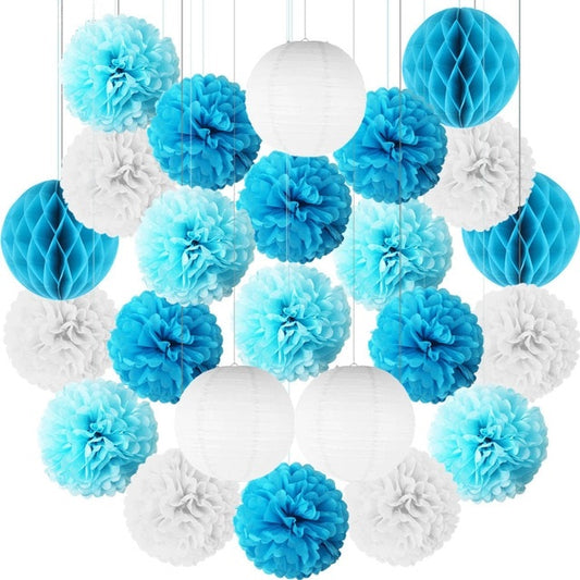 blue white paper pom-poms, blue white lanterns, paper lantern set, party decorations, wedding decorations, baby shower decor, birthday party decor, gender reveal party, anniversary decorations, engagement party decor, elegant party decorations, eco-friendly decor, hanging paper decorations, pom-pom and lantern set, white party decor, Brisbane party supplies, Gold Coast event decor, Australia party decorations, QLD event styling, DIY party decorations, easy to assemble decor