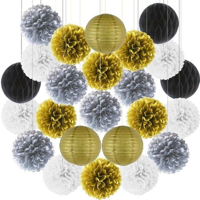 gold silver paper pom-poms, gold silver lanterns, paper lantern set, party decorations, wedding decorations, baby shower decor, birthday party decor, gender reveal party, anniversary decorations, engagement party decor, elegant party decorations, eco-friendly decor, hanging paper decorations, pom-pom and lantern set, white party decor, Brisbane party supplies, Gold Coast event decor, Australia party decorations, QLD event styling, DIY party decorations, easy to assemble decor
