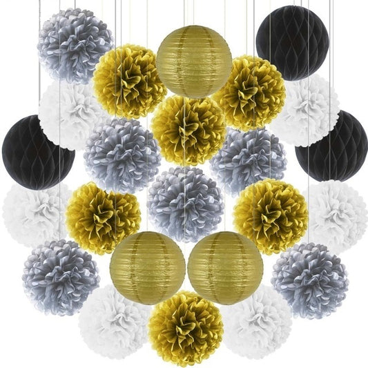 gold silver paper pom-poms, gold silver lanterns, paper lantern set, party decorations, wedding decorations, baby shower decor, birthday party decor, gender reveal party, anniversary decorations, engagement party decor, elegant party decorations, eco-friendly decor, hanging paper decorations, pom-pom and lantern set, white party decor, Brisbane party supplies, Gold Coast event decor, Australia party decorations, QLD event styling, DIY party decorations, easy to assemble decor