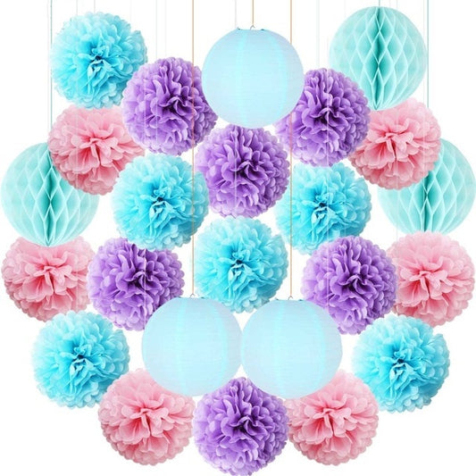 blue pink paper pom-poms, blue pink lanterns, paper lantern set, party decorations, wedding decorations, baby shower decor, birthday party decor, gender reveal party, anniversary decorations, engagement party decor, elegant party decorations, eco-friendly decor, hanging paper decorations, pom-pom and lantern set, white party decor, Brisbane party supplies, Gold Coast event decor, Australia party decorations, QLD event styling, DIY party decorations, easy to assemble decor