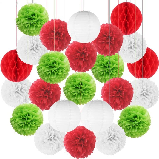 red green paper pom-poms, red green lanterns, paper lantern set, party decorations, wedding decorations, baby shower decor, birthday party decor, gender reveal party, anniversary decorations, engagement party decor, elegant party decorations, eco-friendly decor, hanging paper decorations, pom-pom and lantern set, white party decor, Brisbane party supplies, Gold Coast event decor, Australia party decorations, QLD event styling, DIY party decorations, easy to assemble decor