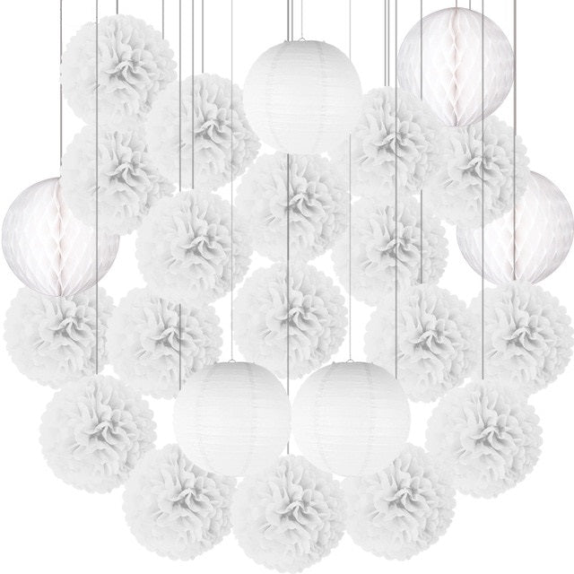 white paper pom-poms, white lanterns, paper lantern set, party decorations, wedding decorations, baby shower decor, birthday party decor, gender reveal party, anniversary decorations, engagement party decor, elegant party decorations, eco-friendly decor, hanging paper decorations, pom-pom and lantern set, white party decor, Brisbane party supplies, Gold Coast event decor, Australia party decorations, QLD event styling, DIY party decorations, easy to assemble decor