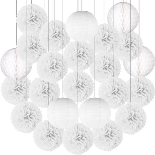 white paper pom-poms, white lanterns, paper lantern set, party decorations, wedding decorations, baby shower decor, birthday party decor, gender reveal party, anniversary decorations, engagement party decor, elegant party decorations, eco-friendly decor, hanging paper decorations, pom-pom and lantern set, white party decor, Brisbane party supplies, Gold Coast event decor, Australia party decorations, QLD event styling, DIY party decorations, easy to assemble decor