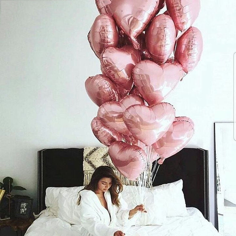 Rose gold heart balloons, heart foil balloons, 18-inch heart balloons, rose gold party balloons, wedding balloons, baby shower balloons, bridal shower balloons, reusable foil balloons, helium balloons, party décor balloons, set of 10 rose gold balloons.