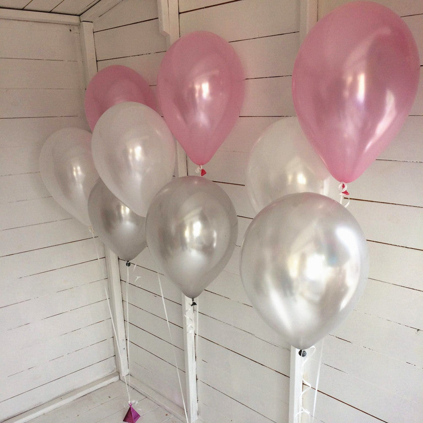 metallic silver balloons, latex balloons, helium balloons, air-fill balloons, gender reveal balloons, birthday party balloons, photo shoot balloons