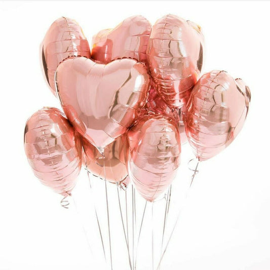 Rose gold heart balloons, heart foil balloons, 18-inch heart balloons, rose gold party balloons, wedding balloons, baby shower balloons, bridal shower balloons, reusable foil balloons, helium balloons, party décor balloons, set of 10 rose gold balloons.